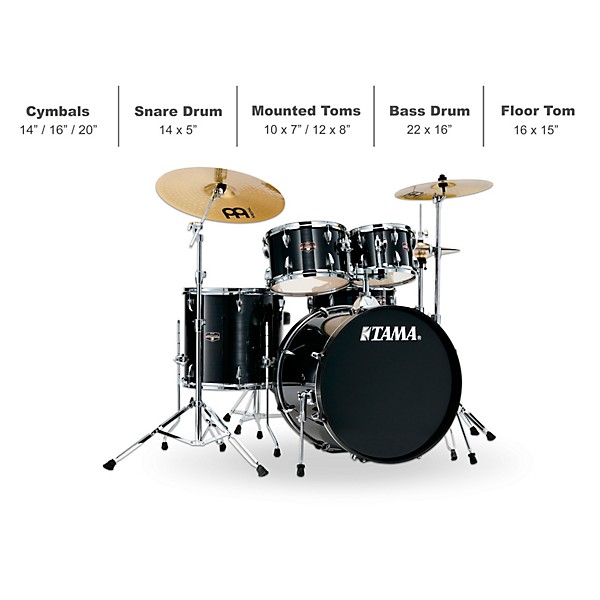 TAMA Imperialstar 5-Piece Complete Drum Set With 22" Bass Drum and MEINL HCS Cymbals Hairline Black