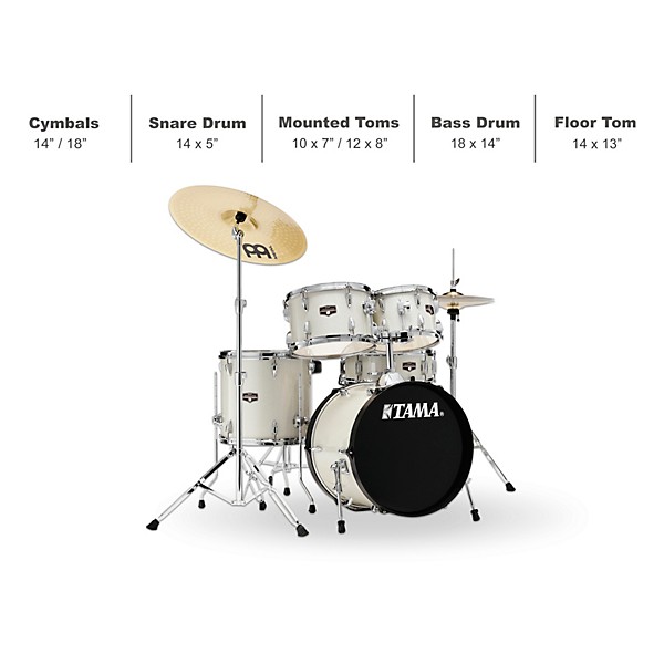 TAMA Imperialstar 5-Piece Complete Drum Set With 18" Bass Drum and MEINL HCS Cymbals Vintage White Sparkle