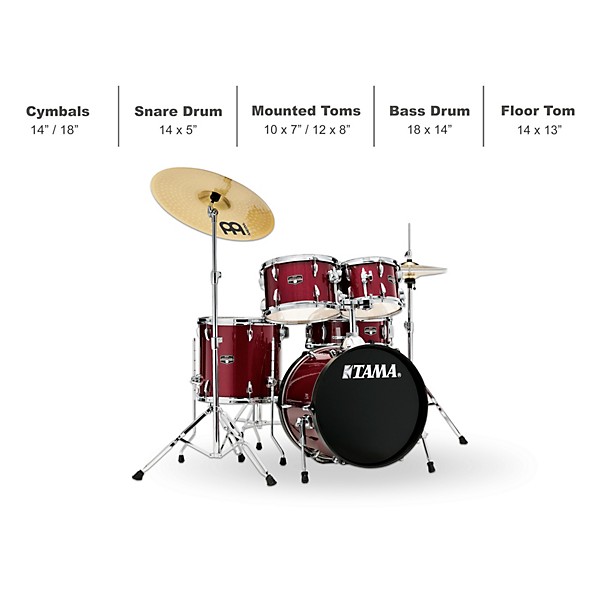 TAMA Imperialstar 5-Piece Complete Drum Set With 18" Bass Drum and MEINL HCS Cymbals Candy Apple Mist