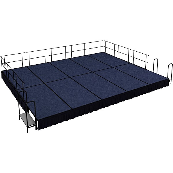 National Public Seating 16' x 20' Stage Package, 16" High with Shirred Pleat Black Skirting Blue Carpet