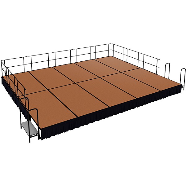 National Public Seating 16' x 20' Stage Package, 16" High with Shirred Pleat Black Skirting Hardwood Floor