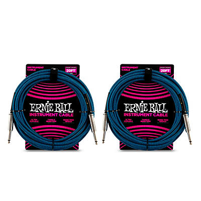 Ernie Ball Straight To Straight Nickel Plated 1/4 Woven 20 Ft. Black/Blue Instrument Cable 2-Pack for sale