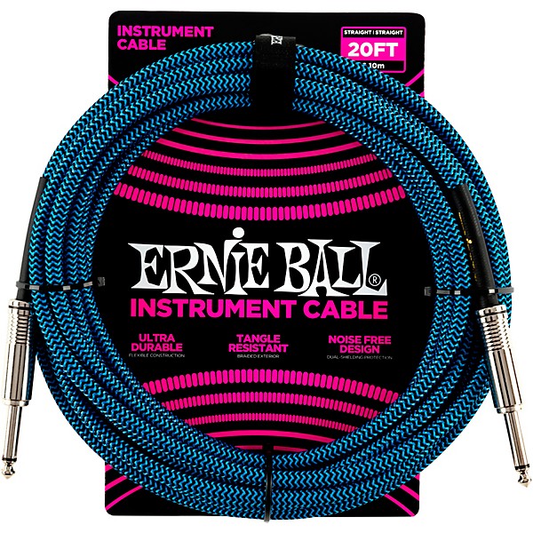 Ernie Ball Straight To Straight Nickel Plated 1/4 Woven 20 ft. Black/Blue Instrument Cable - 2-Pack