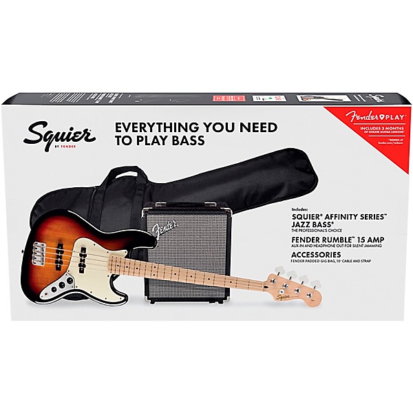Squier Affinity Jazz Bass Limited Edition Pack with Fender Rumble 15W Bass Combo Amp 3-Color Sunburst