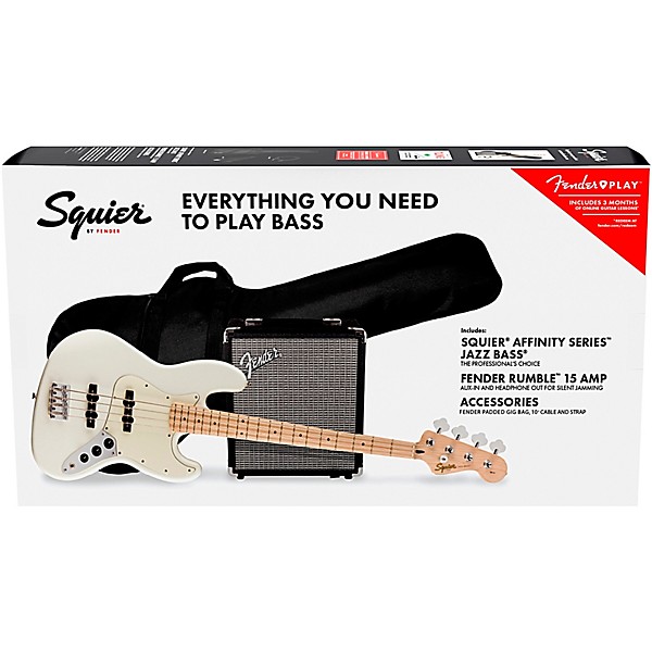 Squier Affinity Jazz Bass Limited Edition Pack with Fender Rumble 15W Bass Combo Amp Olympic White