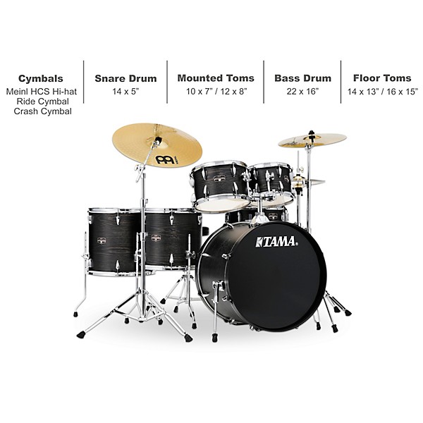 TAMA Imperialstar 6-Piece Complete Drum Set With MEINL HCS Cymbals and 22" Bass Drum Black Oak Wrap