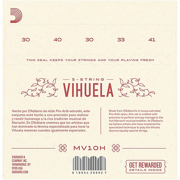 D'Addario Vihuela 5 String Set, Clear Nylon, Hard Tension