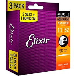 Elixir Bonus Pack Elixir Strings Phosphor Bronze Bronze Acoustic Guitar Strings with NANOWEB Coating, Custom Light (.011-....