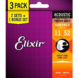 Elixir Bonus Pack Elixir Strings Phosphor Bronze Bronze Acoustic Guitar Strings with NANOWEB Coating, Custom Light (.011-.052)