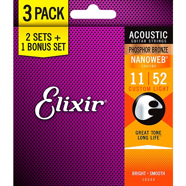 Elixir Bonus Pack Elixir Strings Phosphor Bronze Bronze Acoustic Guitar Strings with NANOWEB Coating, Custom Light (.011-....