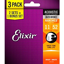 Elixir BONUS PACK! 80/20 Bronze Custom Light Acoustic Guitar Strings With NANOWEB Coating