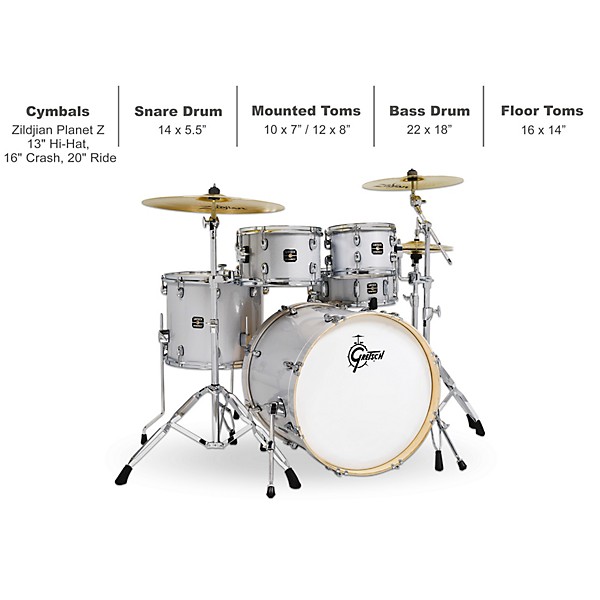 Gretsch Drums Energy 5-Piece Drum Set With Hardware and Zildjian Cymbals Light Silver Sparkle