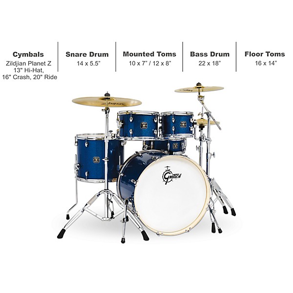 Gretsch Drums Energy 5-Piece Drum Set With Hardware and Zildjian Cymbals Dark Blue Sparkle