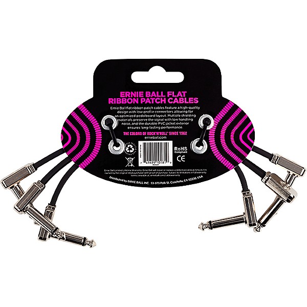 Ernie Ball Flat Ribbon 3-Pack Patch Cables 6 in. Black