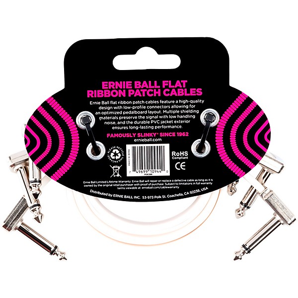 Ernie Ball Flat Ribbon 3-Pack Patch Cables 1 ft. White