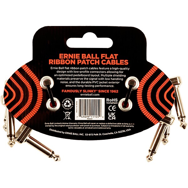 Ernie Ball Flat Ribbon 3-Pack Patch Cables 3 in. Red