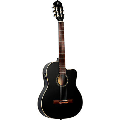 Ortega Rce125sn Family Series Thinline Acoustic-Electric Classical Guitar Satin Black for sale