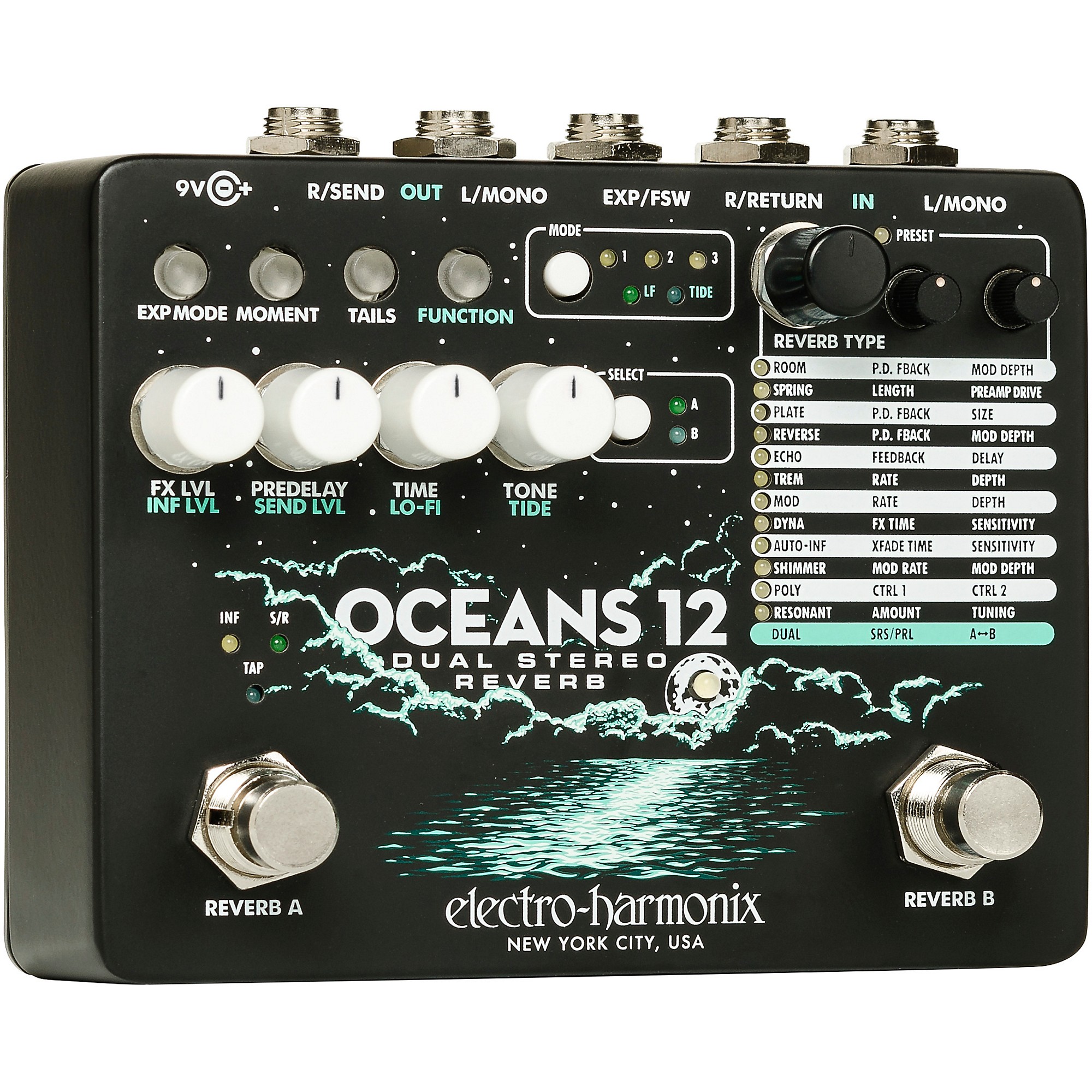 Electro-Harmonix Oceans 12 Dual-Stereo Reverb Effects Pedal Black