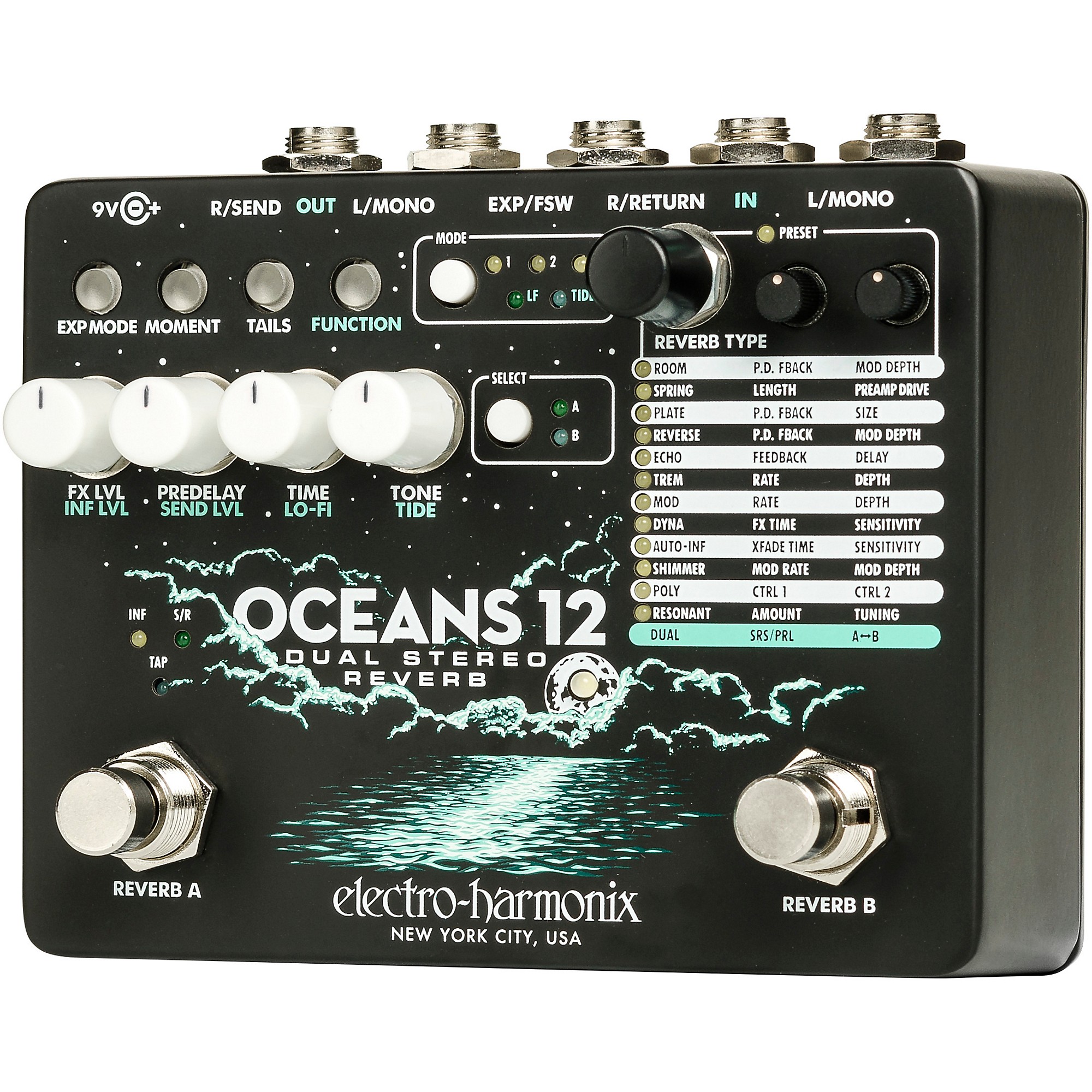 Electro-Harmonix Oceans 12 Dual-Stereo Reverb Effects Pedal Black