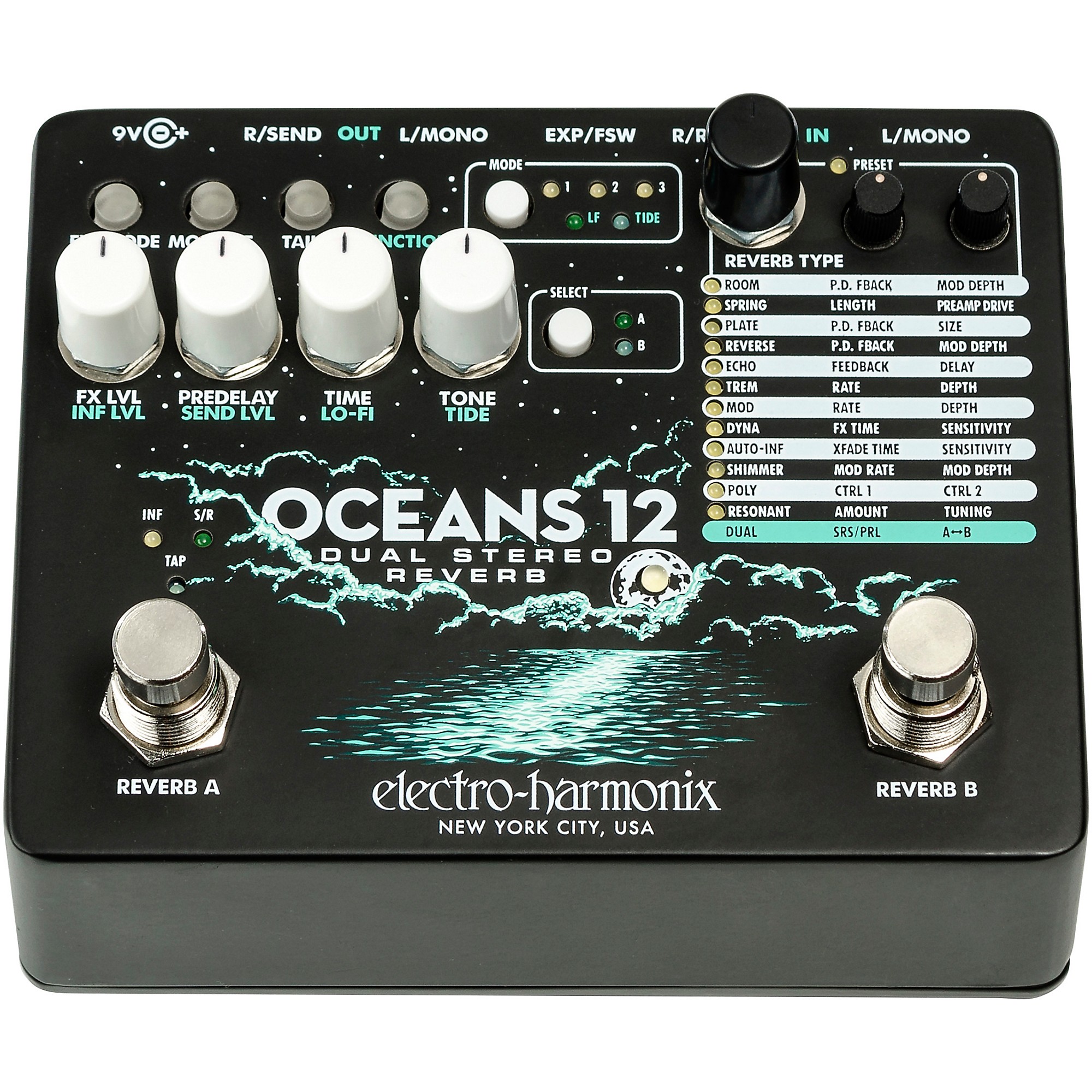 Electro-Harmonix Oceans 12 Dual-Stereo Reverb Effects Pedal Black