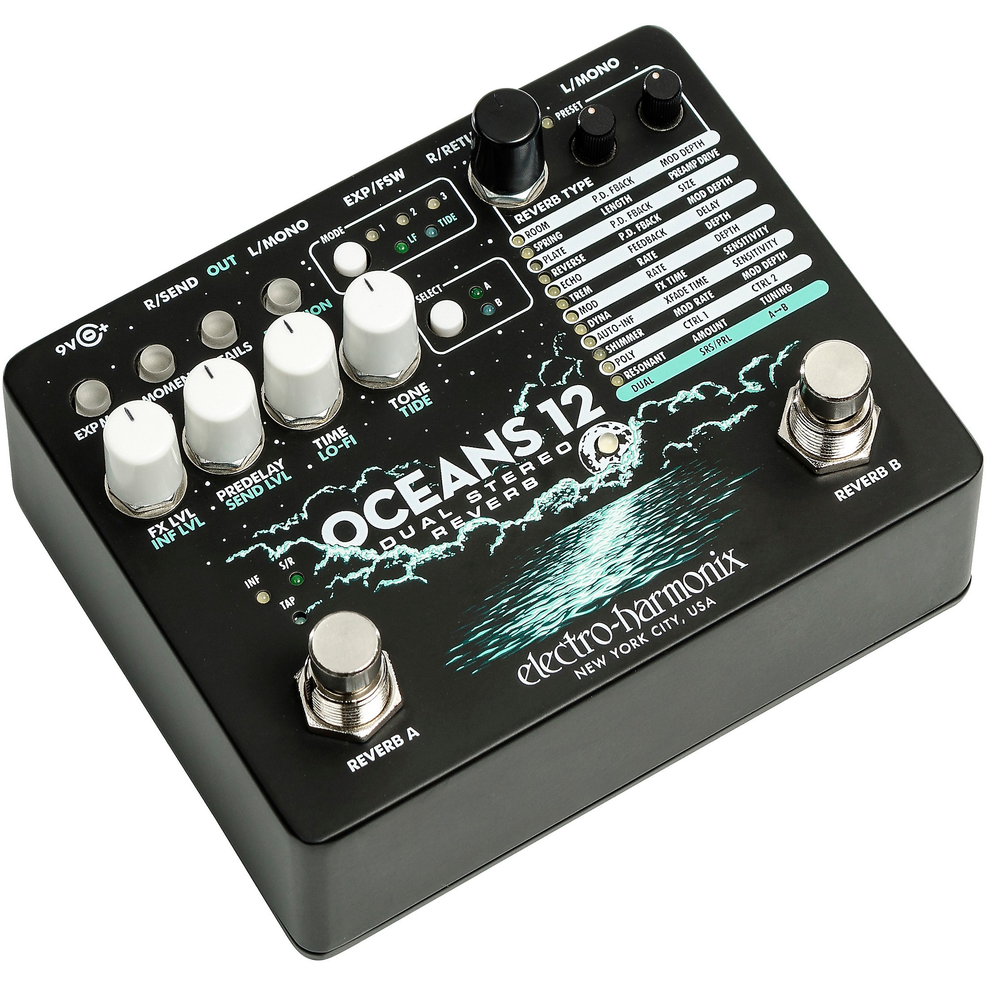 Electro-Harmonix Oceans 12 Dual-Stereo Reverb Effects Pedal Black 