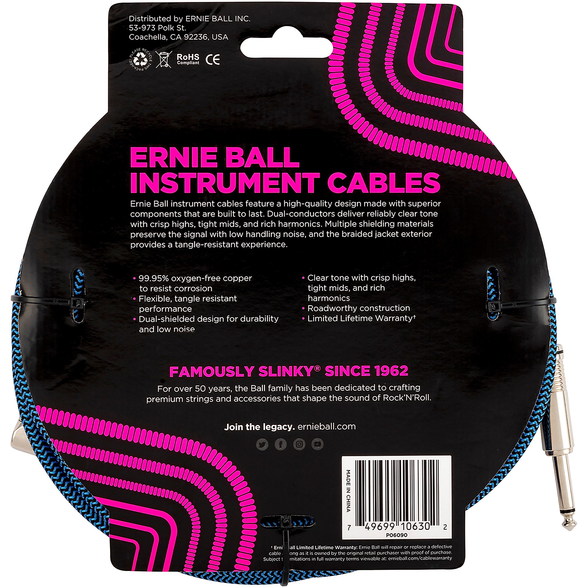 Ernie Ball 20' Braided Straight Angle Instrument Cable 20 ft