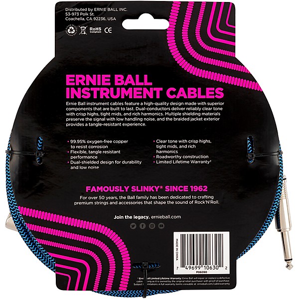 Ernie Ball 20' Braided Straight Angle Instrument Cable 20 ft. Black/Blue