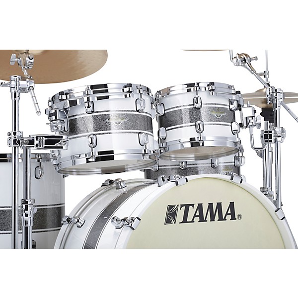 TAMA Starclassic Maple 4-Piece Shell Pack With Chrome Hardware and 22" Bass Drum Silver Snow Racing Stripe