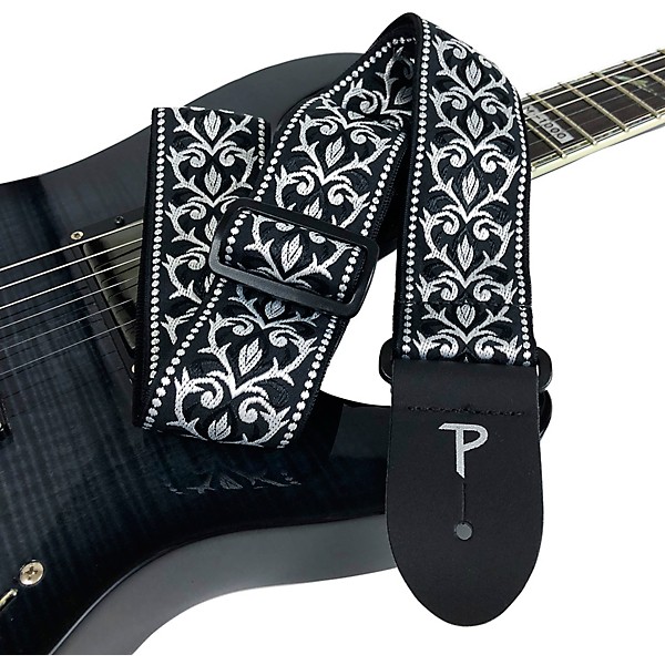 Perri's 2" Wide Black & White Tribal Design Jacquard Sewn on Nylon Webbing Backing & Leather Ends