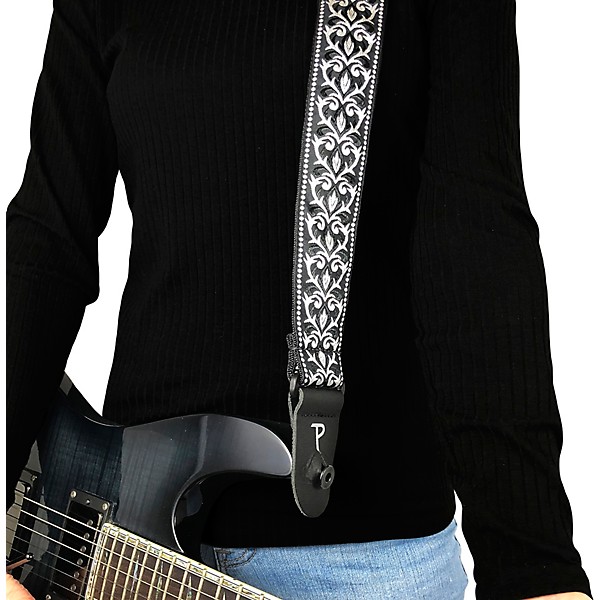Perri's 2" Wide Black & White Tribal Design Jacquard Sewn on Nylon Webbing Backing & Leather Ends