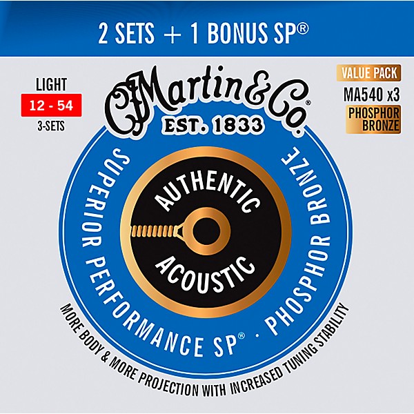 Martin Authentic Acoustic SP Guitar Strings, Light (MA540) Value 3-Pack (12-54) Light (12-54)