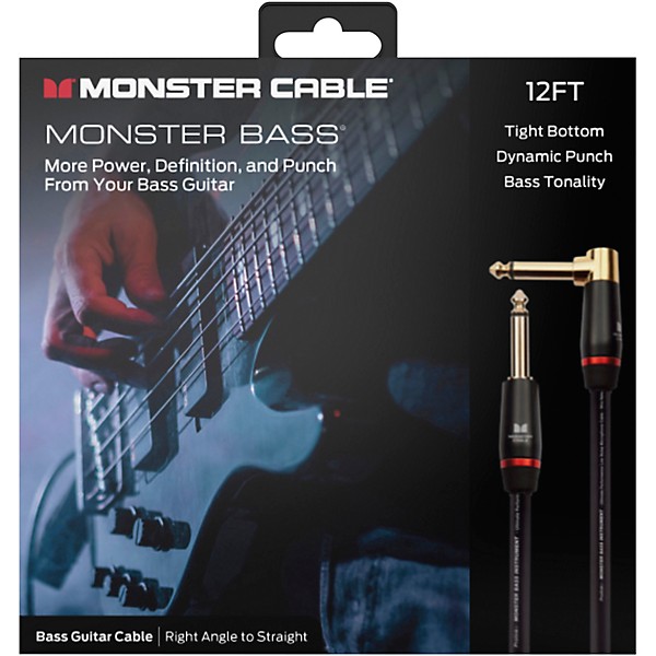 Monster Cable Prolink Monster Bass Pro Audio Instrument Cable, Right Angle to Straight 12 ft. Black