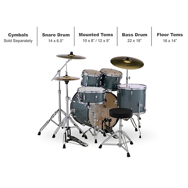 Pearl Roadshow 5-Piece Drum Set With Hardware and Zildjian Planet Z Cymbals Charcoal