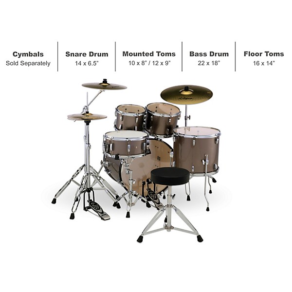 Pearl Roadshow 5-Piece Drum Set With Hardware and Zildjian Planet Z Cymbals Bronze Metallic