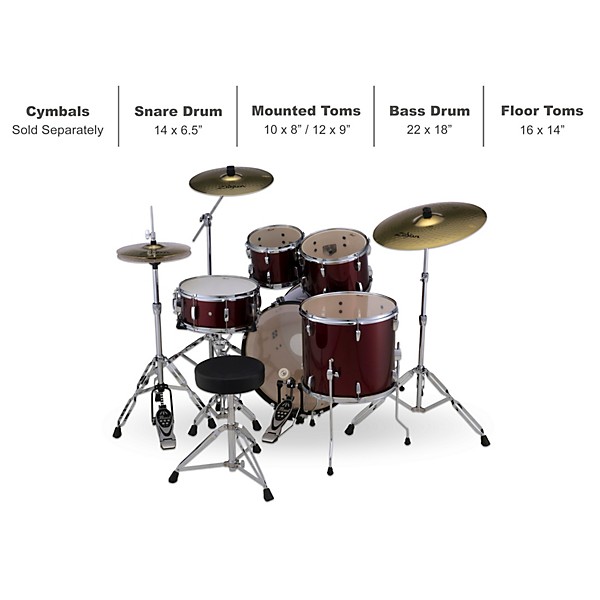Pearl Roadshow 5-Piece Drum Set With Hardware and Zildjian Planet Z Cymbals Red Wine