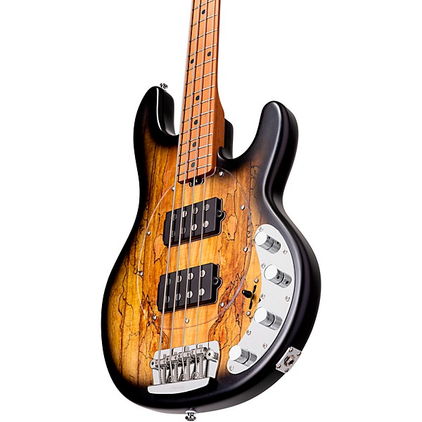 Sterling by Music Man StingRay Ray34HH Spalted Maple Top Maple Fingerboard Electric Bass Guitar Natural Burst Satin