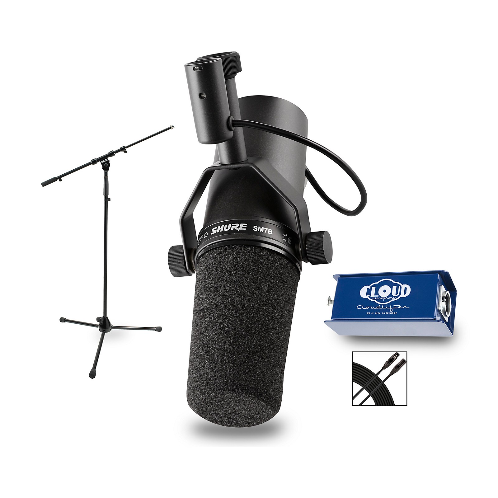 Shure SM7B Stage Bundle SM7B Dynamic Mic with Cloudlifter Preamp, Boom  Stand and 20' XLR Cable