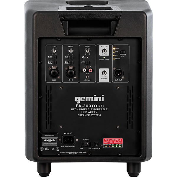 Open Box Gemini PA-300BT-ToGo MKII Portable Column Array with Battery Power and Carry Bag Level 2  197881077068