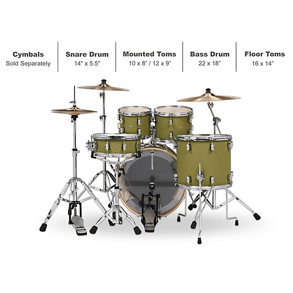 PDP by DW Concept Maple 5-Piece Shell Pack with Chrome Hardware Satin Olive