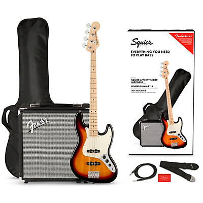 Squier Affinity Jazz Bass Limited-Edition Pack With Fender Rumble 15W Bass Combo Amp 3-Color Sunburst for sale
