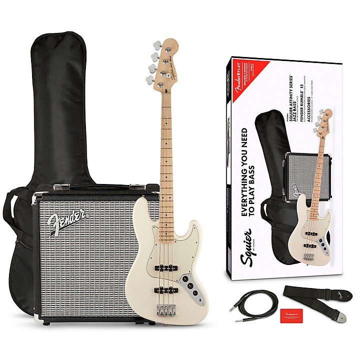 Squier Affinity Jazz Bass Limited-Edition Pack with Fender Rumble 15W Combo Amp Olympic White