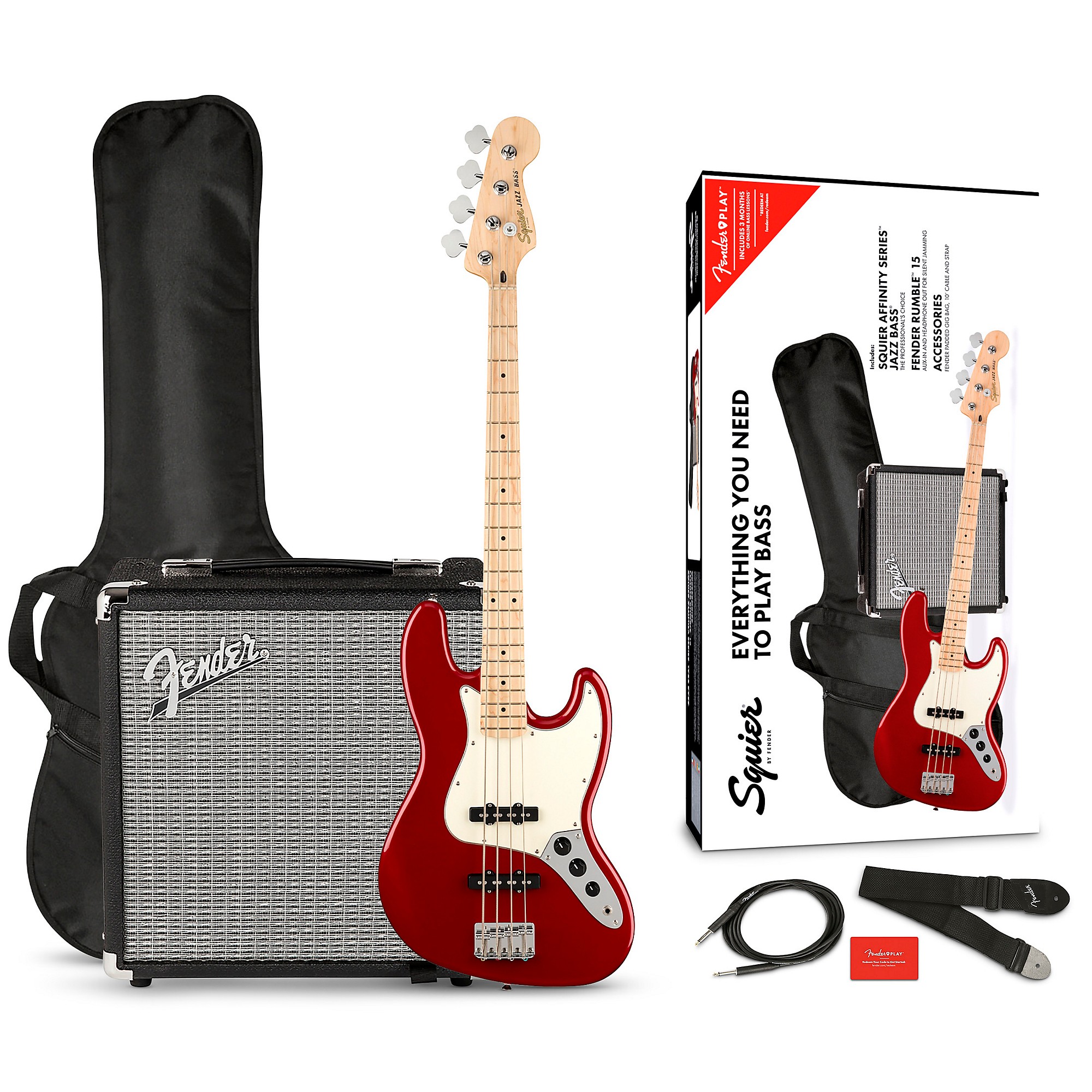 Squier Affinity Jazz Bass Limited-Edition Pack With Fender Rumble 15W Bass  Combo Amp Candy Apple Red Guitar Center