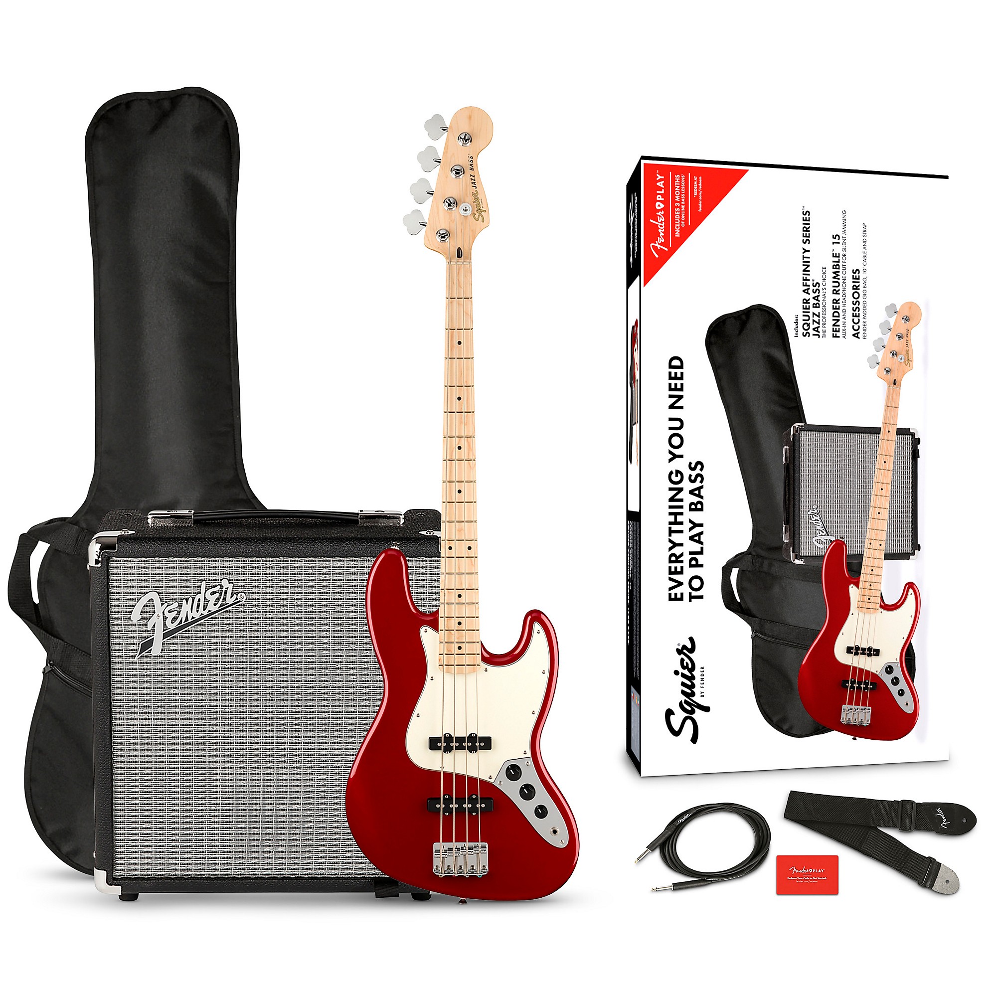 Squier Affinity Jazz Bass Limited-Edition Pack With Fender Rumble 15W Bass  Combo Amp Candy Apple Red