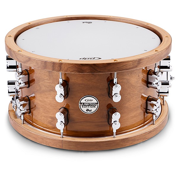 PDP by DW Limited-Edition Dark Stain Walnut and Maple Snare With Walnut Hoops and Chrome Hardware and Road Runner Bag