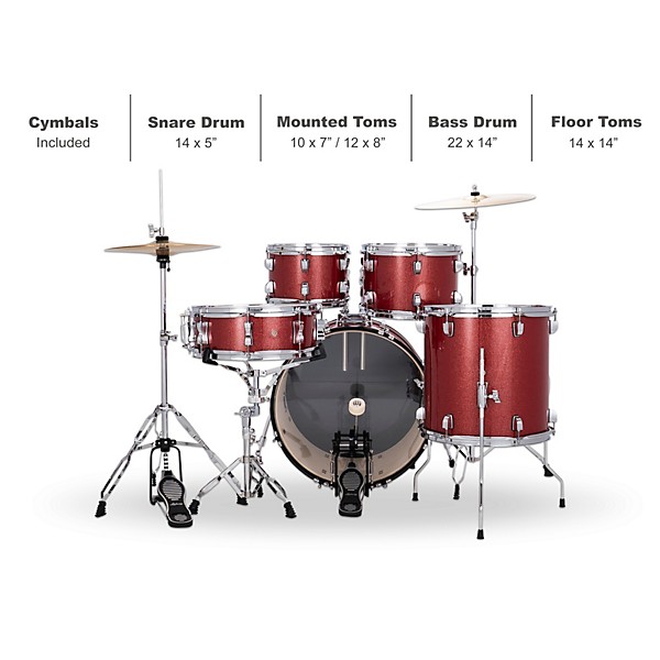 Ludwig Accent 5-Piece Drum Kit With 20" Bass Drum, Hardware and Cymbals Red Sparkle