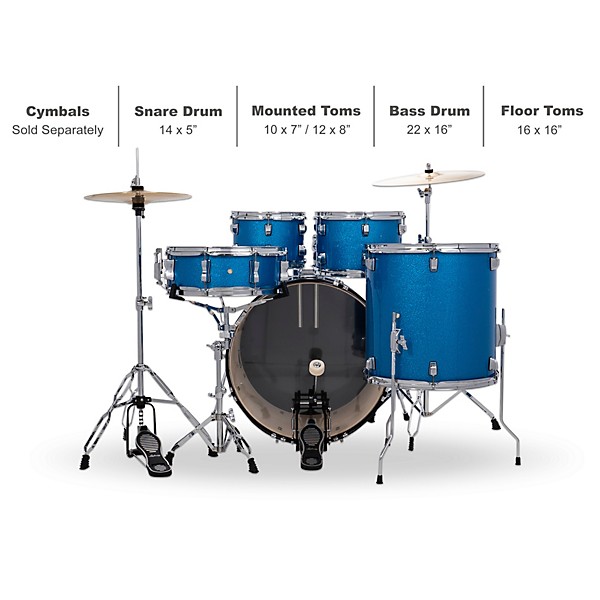 Ludwig Accent 5-Piece Drum Kit With 22" Bass Drum, Hardware and Cymbals Blue Sparkle