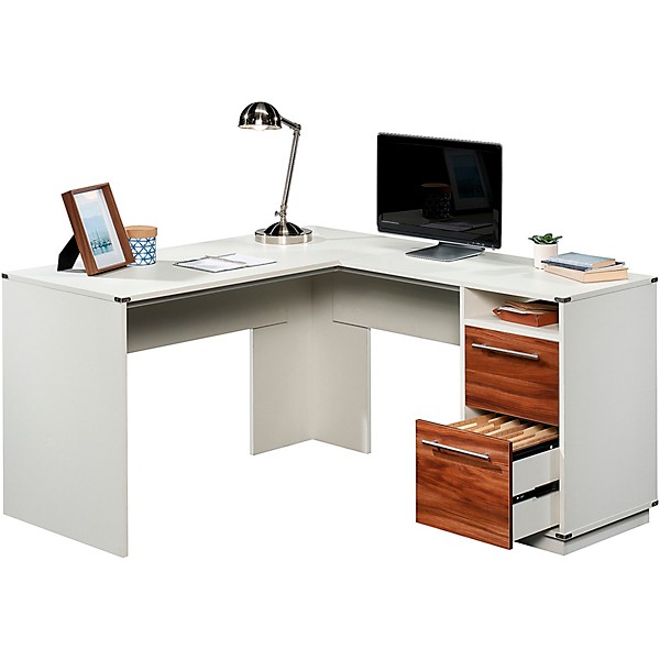 SAUDER L-Shaped Home Office Workstation for Recording and Content Creation Pearl White/Blaze Acacia