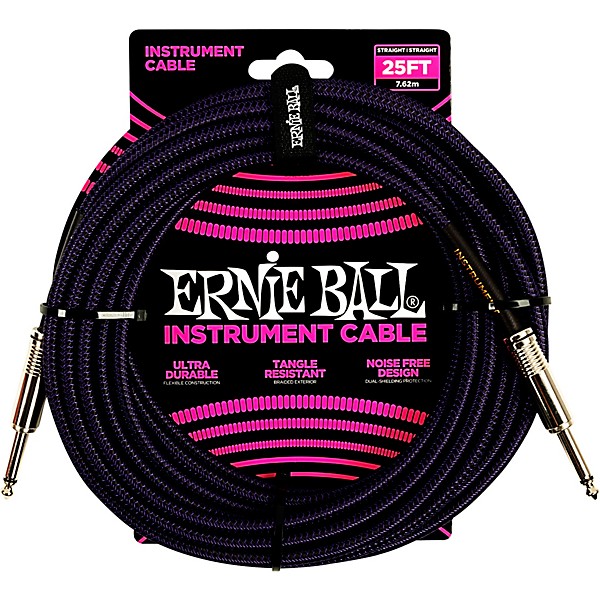 Ernie Ball Braided Straight to Straight Instrument Cable 25 ft. Purple/Black