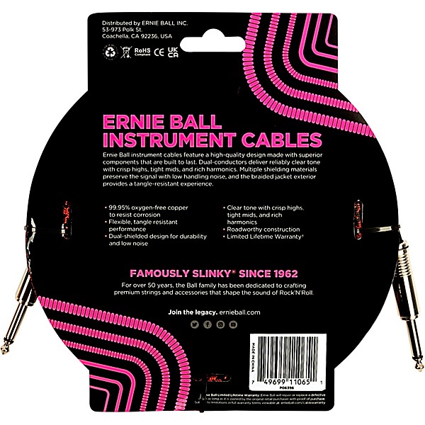 Ernie Ball Braided Straight to Straight Instrument Cable 18 ft. Red/Black