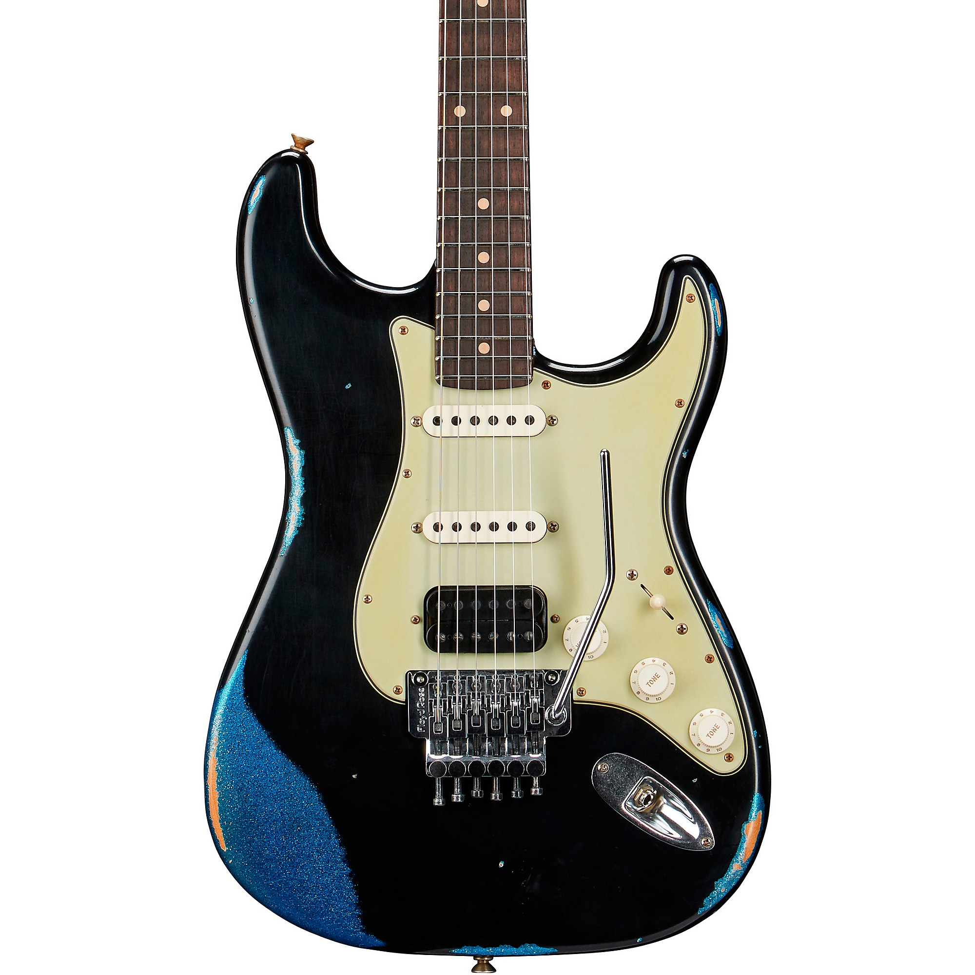 Platinum Fender Custom Shop SuperNova Stratocaster HSS Heavy Relic Floyd  Rose Electric Guitar Black over Blue Sparkle | Guitar Center